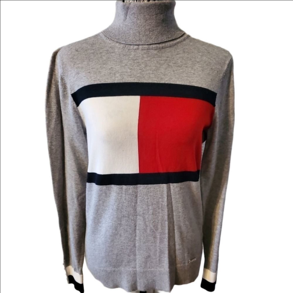 Tommy Hilfiger Gray Red White and Blue Turtleneck Small